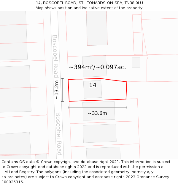 14, BOSCOBEL ROAD, ST LEONARDS-ON-SEA, TN38 0LU: Plot and title map