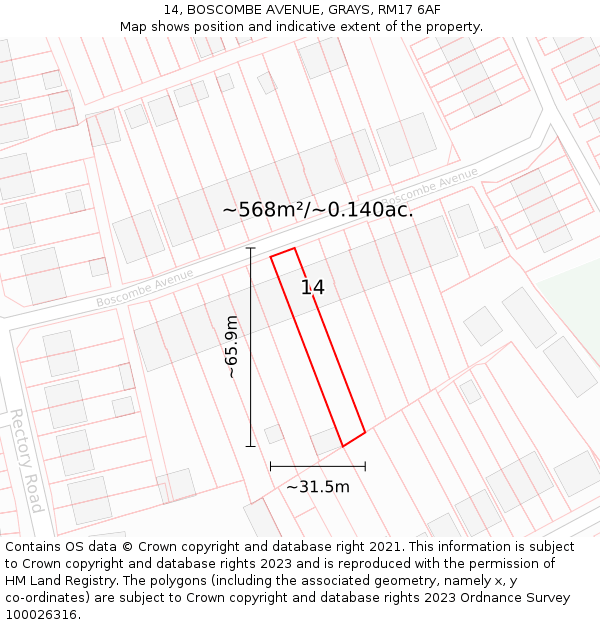 14, BOSCOMBE AVENUE, GRAYS, RM17 6AF: Plot and title map