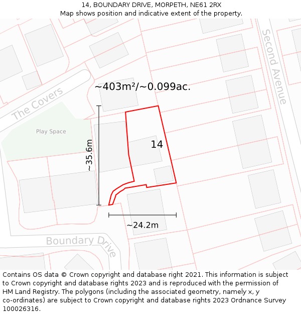 14, BOUNDARY DRIVE, MORPETH, NE61 2RX: Plot and title map