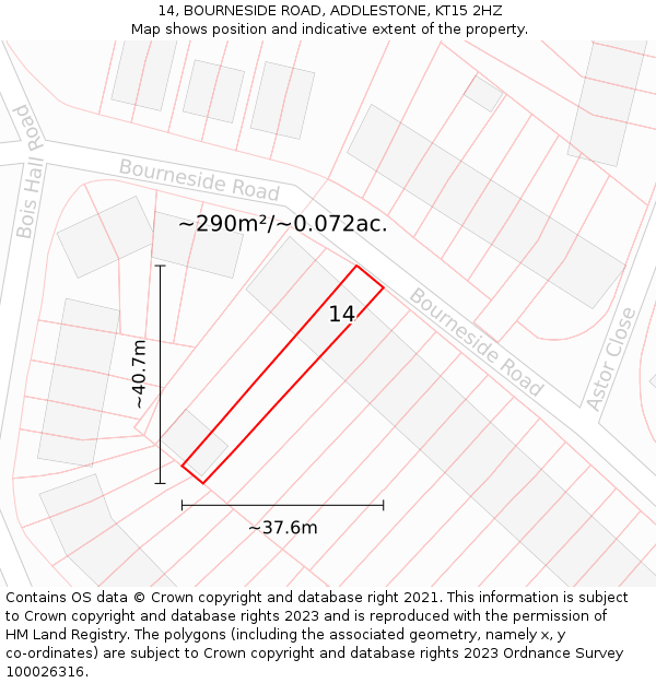 14, BOURNESIDE ROAD, ADDLESTONE, KT15 2HZ: Plot and title map