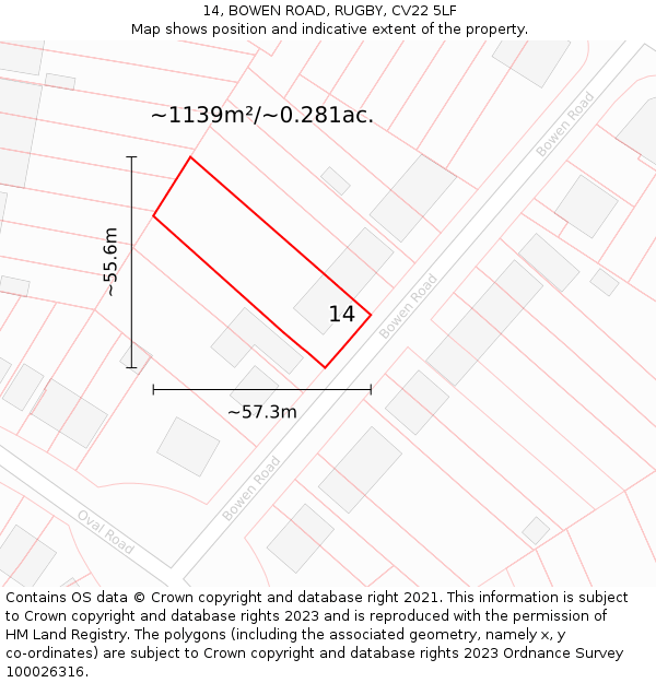 14, BOWEN ROAD, RUGBY, CV22 5LF: Plot and title map