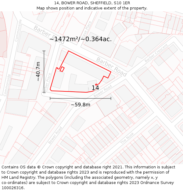14, BOWER ROAD, SHEFFIELD, S10 1ER: Plot and title map