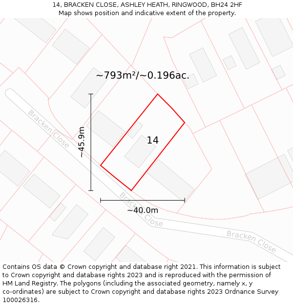 14, BRACKEN CLOSE, ASHLEY HEATH, RINGWOOD, BH24 2HF: Plot and title map