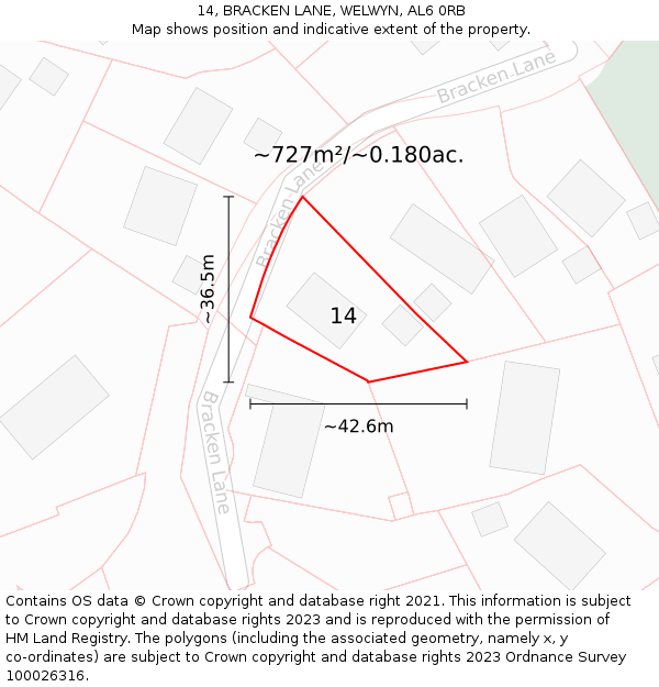 14, BRACKEN LANE, WELWYN, AL6 0RB: Plot and title map