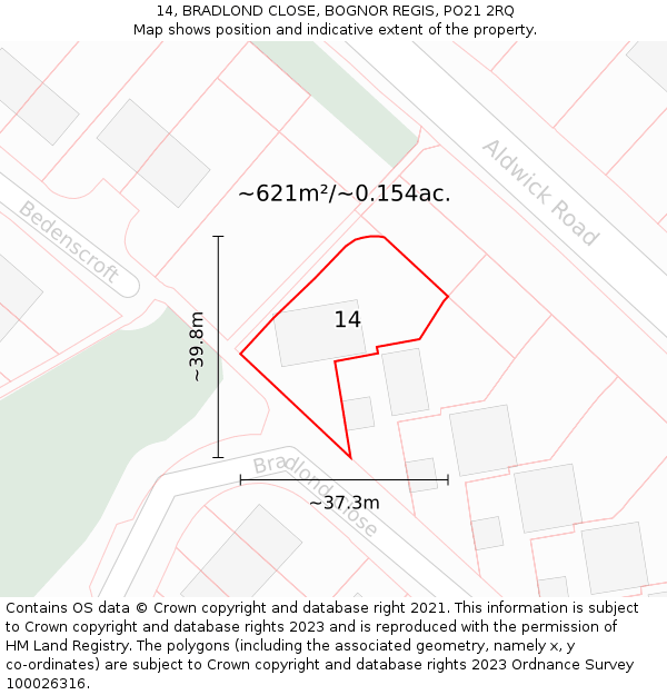 14, BRADLOND CLOSE, BOGNOR REGIS, PO21 2RQ: Plot and title map