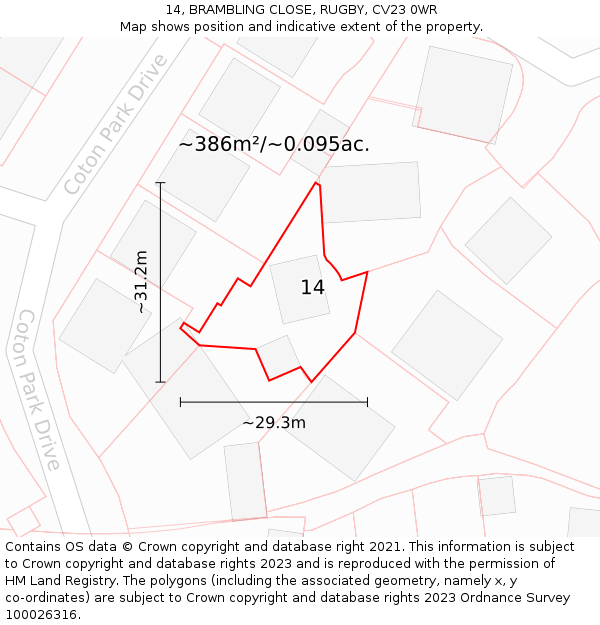 14, BRAMBLING CLOSE, RUGBY, CV23 0WR: Plot and title map