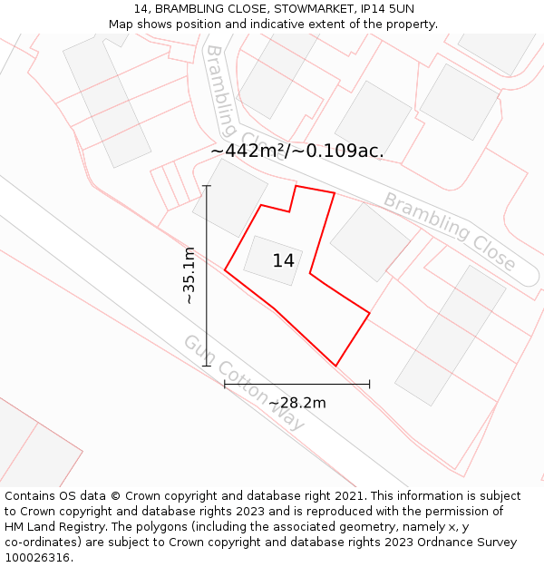 14, BRAMBLING CLOSE, STOWMARKET, IP14 5UN: Plot and title map