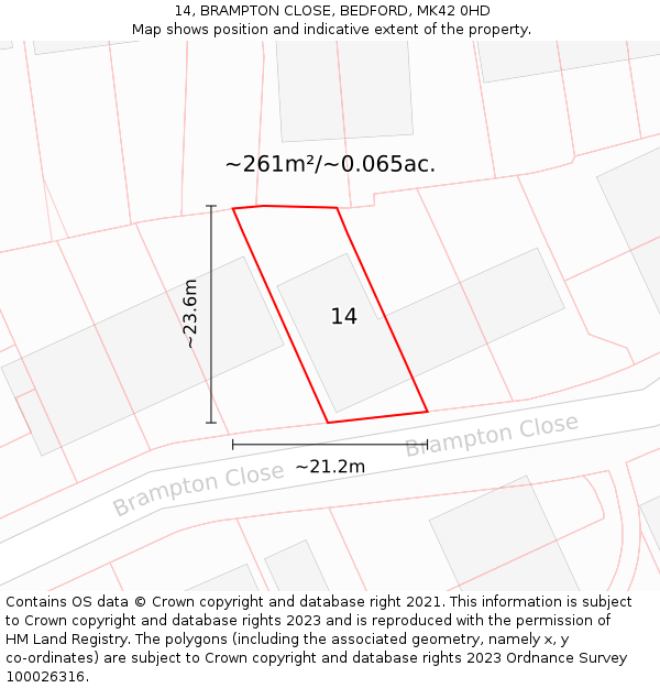 14, BRAMPTON CLOSE, BEDFORD, MK42 0HD: Plot and title map