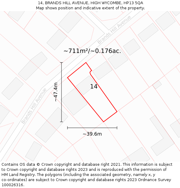 14, BRANDS HILL AVENUE, HIGH WYCOMBE, HP13 5QA: Plot and title map