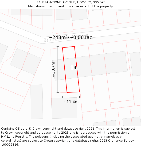 14, BRANKSOME AVENUE, HOCKLEY, SS5 5PF: Plot and title map