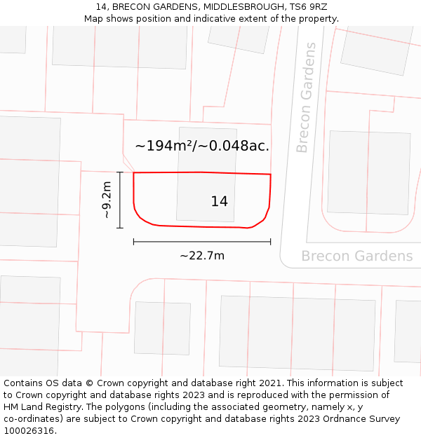 14, BRECON GARDENS, MIDDLESBROUGH, TS6 9RZ: Plot and title map