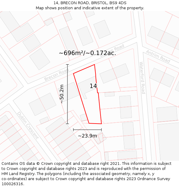 14, BRECON ROAD, BRISTOL, BS9 4DS: Plot and title map