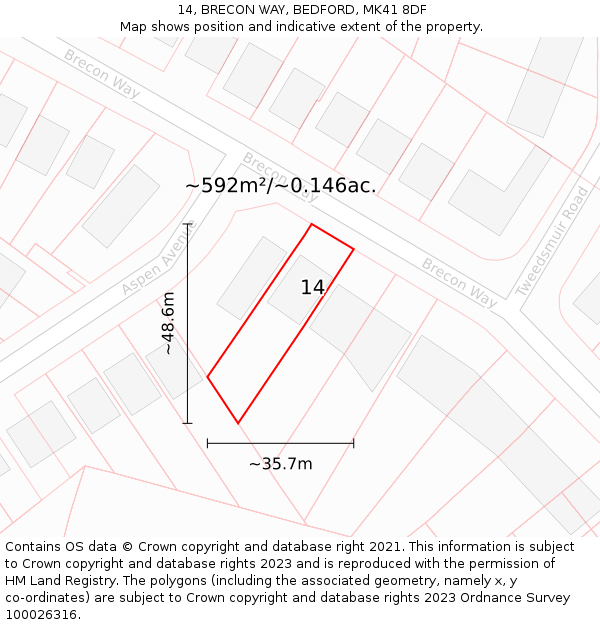 14, BRECON WAY, BEDFORD, MK41 8DF: Plot and title map