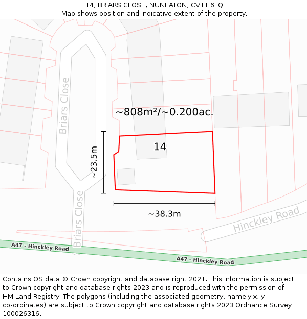 14, BRIARS CLOSE, NUNEATON, CV11 6LQ: Plot and title map