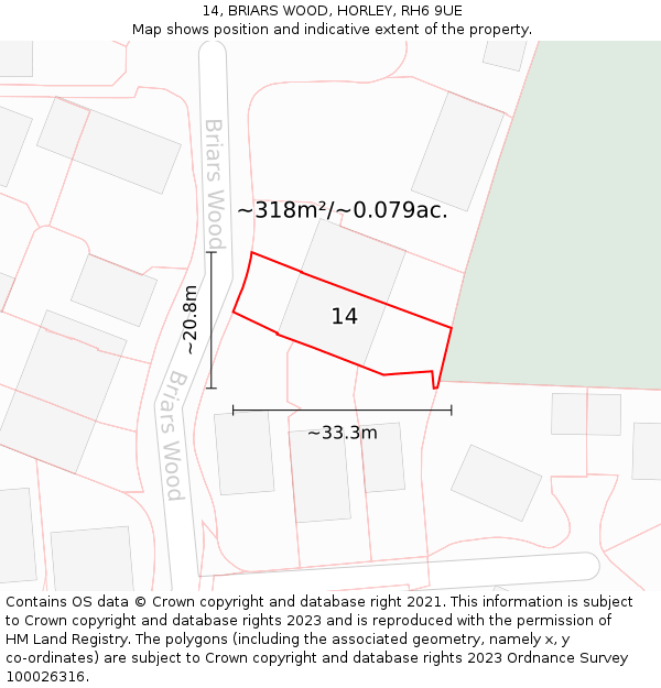 14, BRIARS WOOD, HORLEY, RH6 9UE: Plot and title map