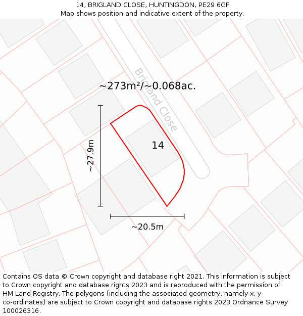 14, BRIGLAND CLOSE, HUNTINGDON, PE29 6GF: Plot and title map
