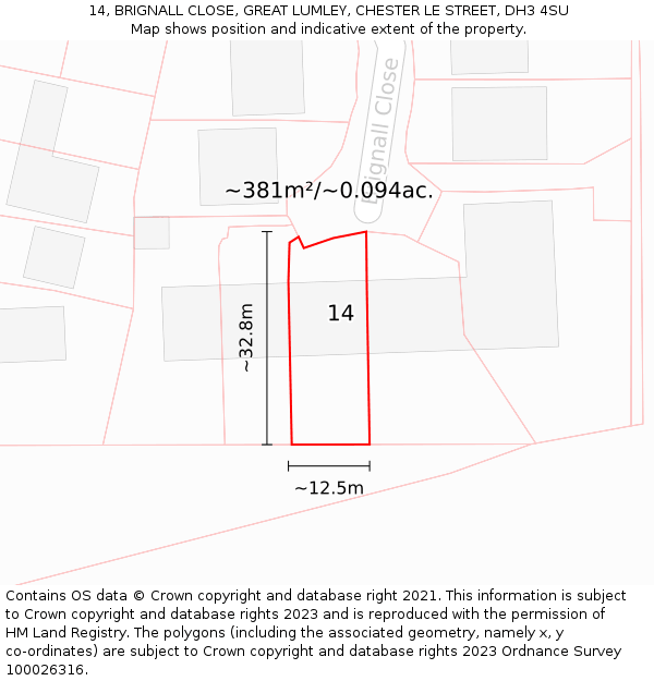 14, BRIGNALL CLOSE, GREAT LUMLEY, CHESTER LE STREET, DH3 4SU: Plot and title map