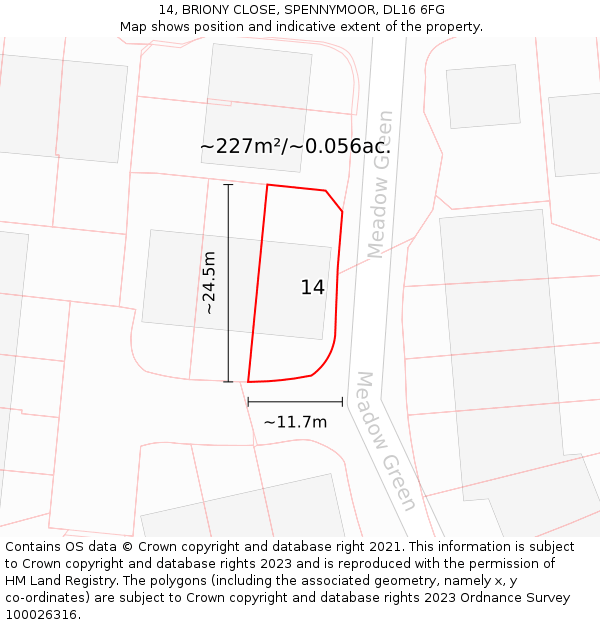 14, BRIONY CLOSE, SPENNYMOOR, DL16 6FG: Plot and title map