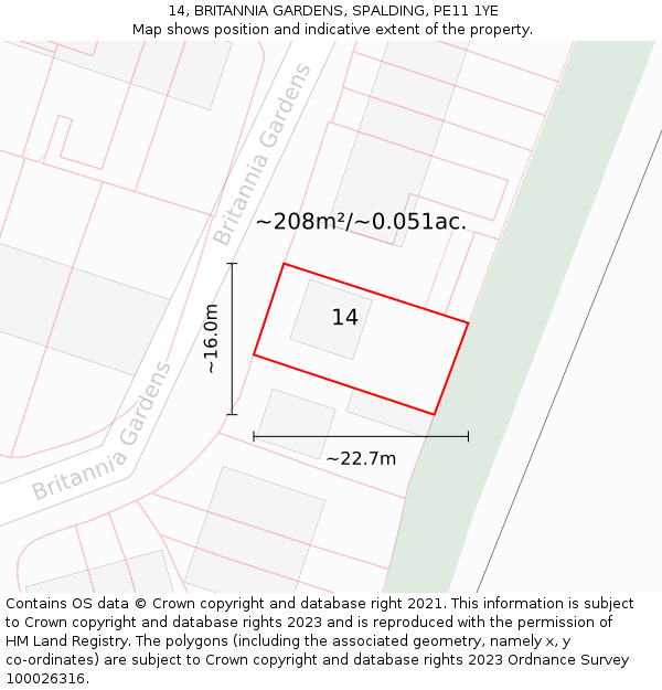 14, BRITANNIA GARDENS, SPALDING, PE11 1YE: Plot and title map