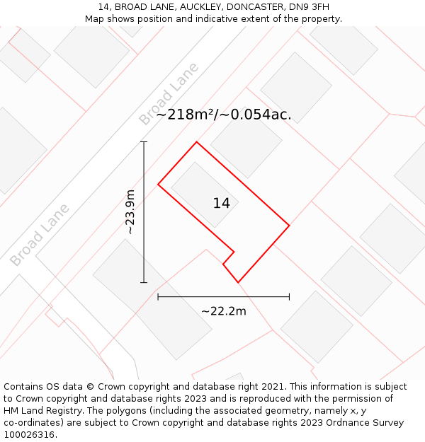 14, BROAD LANE, AUCKLEY, DONCASTER, DN9 3FH: Plot and title map