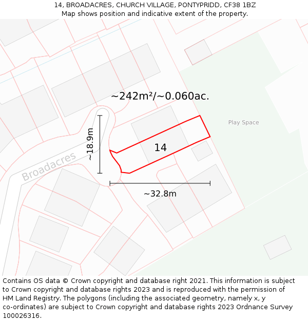 14, BROADACRES, CHURCH VILLAGE, PONTYPRIDD, CF38 1BZ: Plot and title map