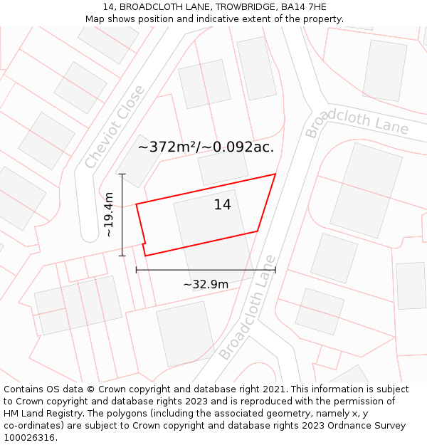 14, BROADCLOTH LANE, TROWBRIDGE, BA14 7HE: Plot and title map