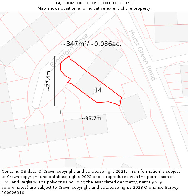 14, BROMFORD CLOSE, OXTED, RH8 9JF: Plot and title map