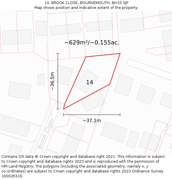 14, BROOK CLOSE, BOURNEMOUTH, BH10 5JP: Plot and title map