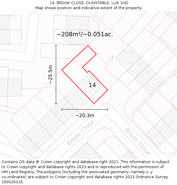 14, BROOK CLOSE, DUNSTABLE, LU6 1HD: Plot and title map