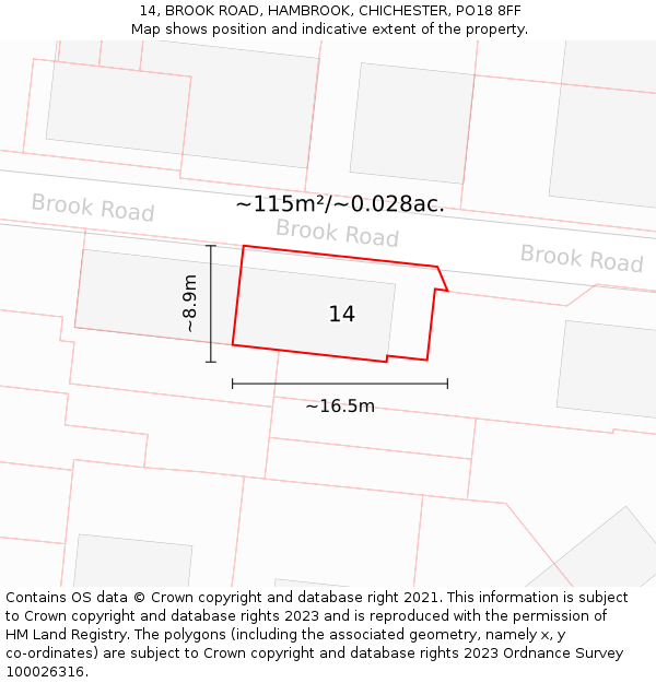 14, BROOK ROAD, HAMBROOK, CHICHESTER, PO18 8FF: Plot and title map