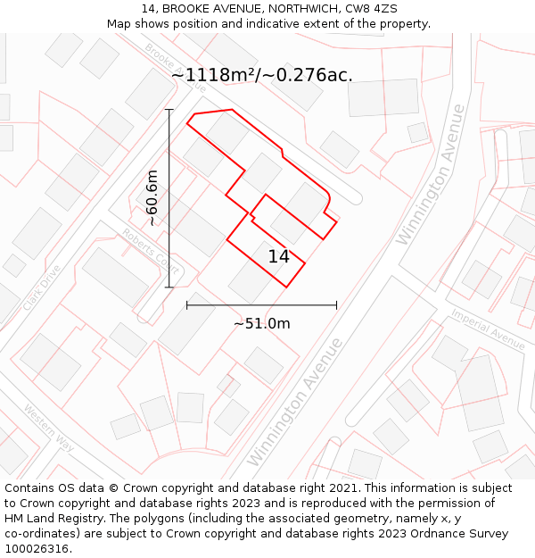 14, BROOKE AVENUE, NORTHWICH, CW8 4ZS: Plot and title map