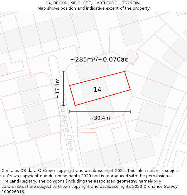 14, BROOKLIME CLOSE, HARTLEPOOL, TS26 0WH: Plot and title map