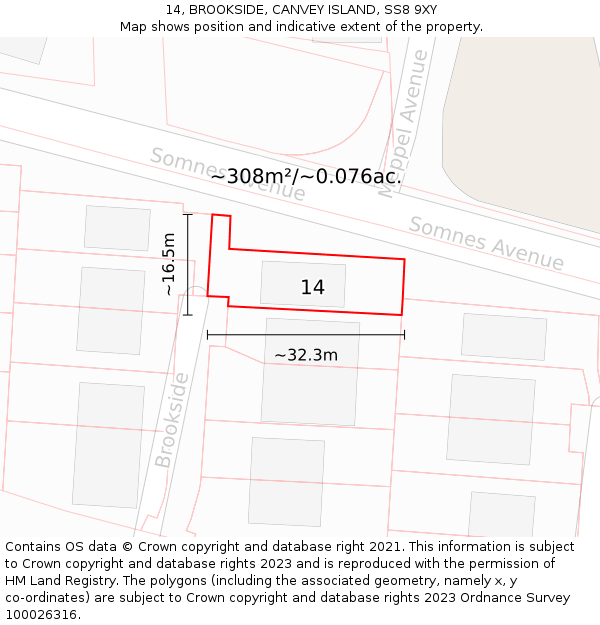 14, BROOKSIDE, CANVEY ISLAND, SS8 9XY: Plot and title map