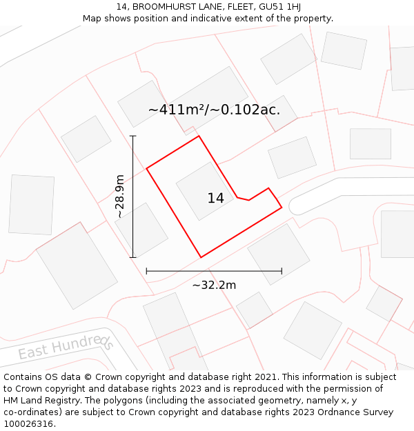 14, BROOMHURST LANE, FLEET, GU51 1HJ: Plot and title map