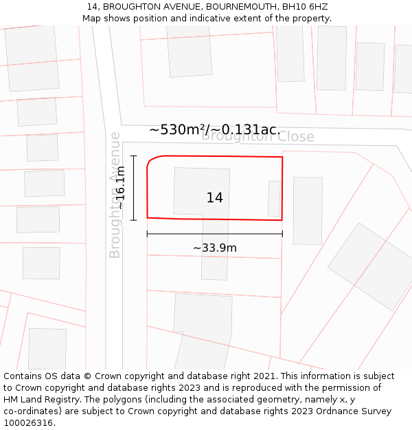 14, BROUGHTON AVENUE, BOURNEMOUTH, BH10 6HZ: Plot and title map