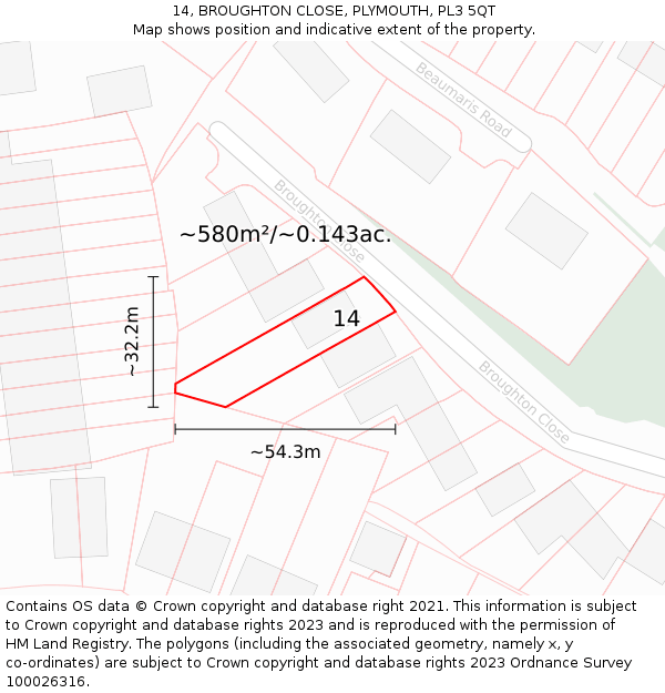 14, BROUGHTON CLOSE, PLYMOUTH, PL3 5QT: Plot and title map