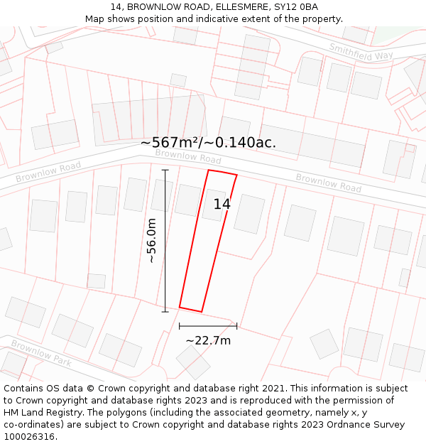 14, BROWNLOW ROAD, ELLESMERE, SY12 0BA: Plot and title map