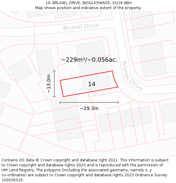 14, BRUNEL DRIVE, BIGGLESWADE, SG18 8BH: Plot and title map