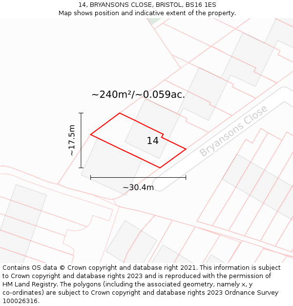 14, BRYANSONS CLOSE, BRISTOL, BS16 1ES: Plot and title map