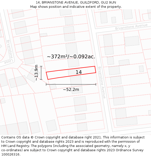 14, BRYANSTONE AVENUE, GUILDFORD, GU2 9UN: Plot and title map