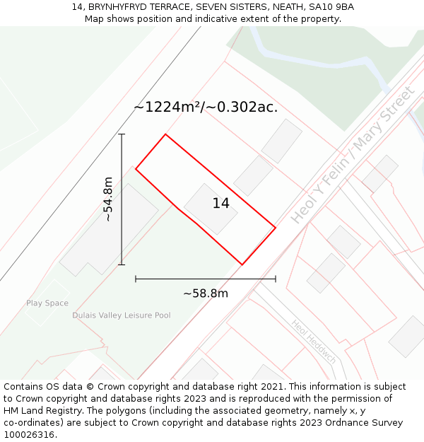 14, BRYNHYFRYD TERRACE, SEVEN SISTERS, NEATH, SA10 9BA: Plot and title map