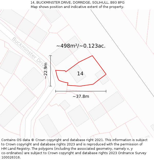 14, BUCKMINSTER DRIVE, DORRIDGE, SOLIHULL, B93 8PG: Plot and title map