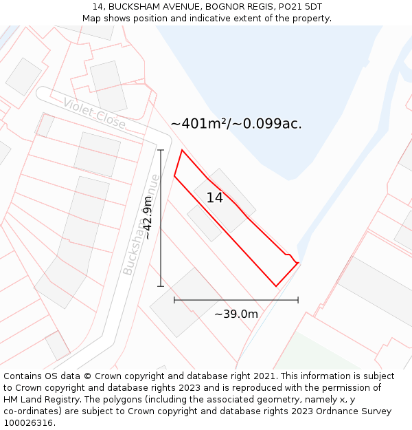 14, BUCKSHAM AVENUE, BOGNOR REGIS, PO21 5DT: Plot and title map