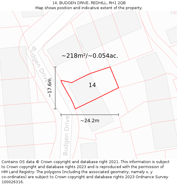 14, BUDGEN DRIVE, REDHILL, RH1 2QB: Plot and title map