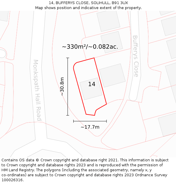 14, BUFFERYS CLOSE, SOLIHULL, B91 3UX: Plot and title map