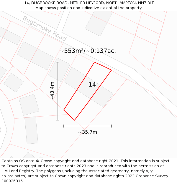 14, BUGBROOKE ROAD, NETHER HEYFORD, NORTHAMPTON, NN7 3LT: Plot and title map