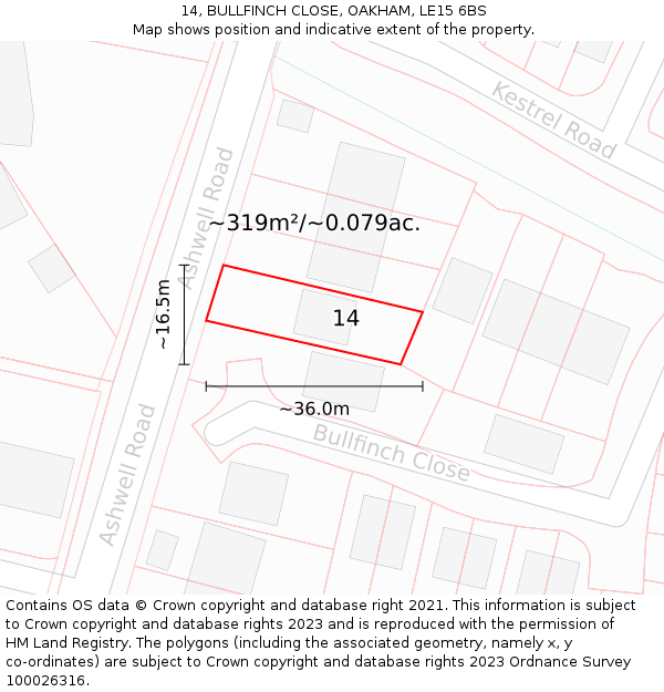 14, BULLFINCH CLOSE, OAKHAM, LE15 6BS: Plot and title map