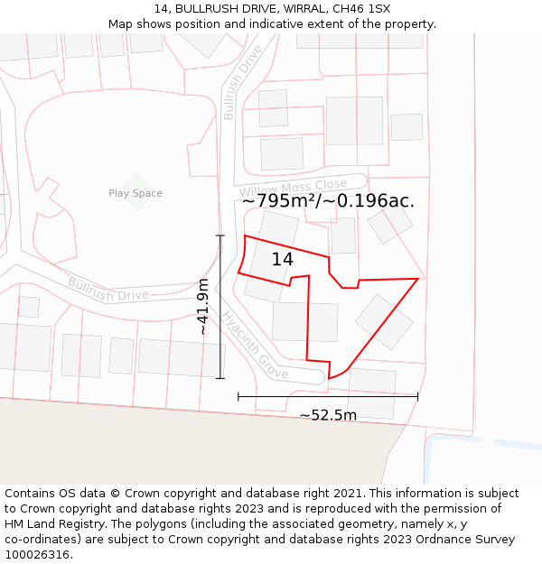 14, BULLRUSH DRIVE, WIRRAL, CH46 1SX: Plot and title map