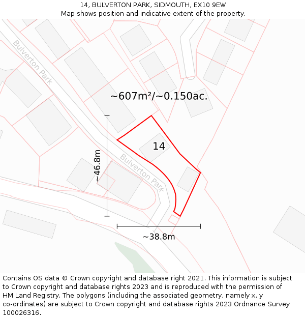 14, BULVERTON PARK, SIDMOUTH, EX10 9EW: Plot and title map