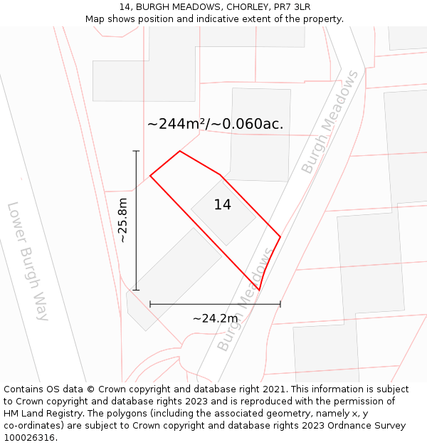 14, BURGH MEADOWS, CHORLEY, PR7 3LR: Plot and title map